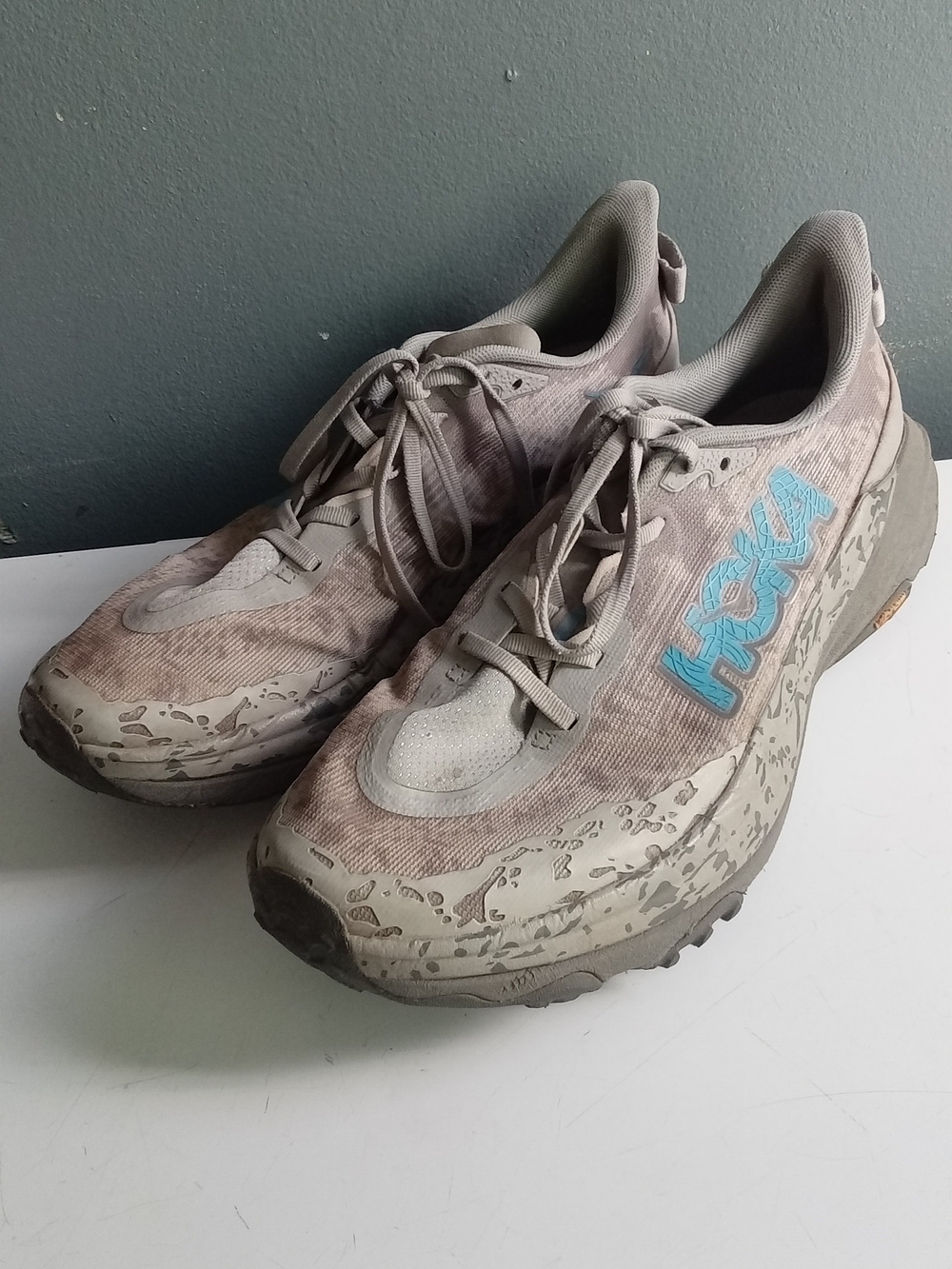 Hoka Zinal Trail Running Shoes Taupe Blue Vibram Megagrip Mens Sneakers - Picture 2 of 10